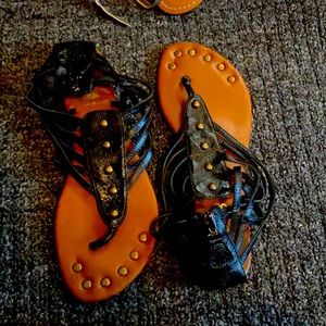 Black and gold leather NYLA zip back sandals